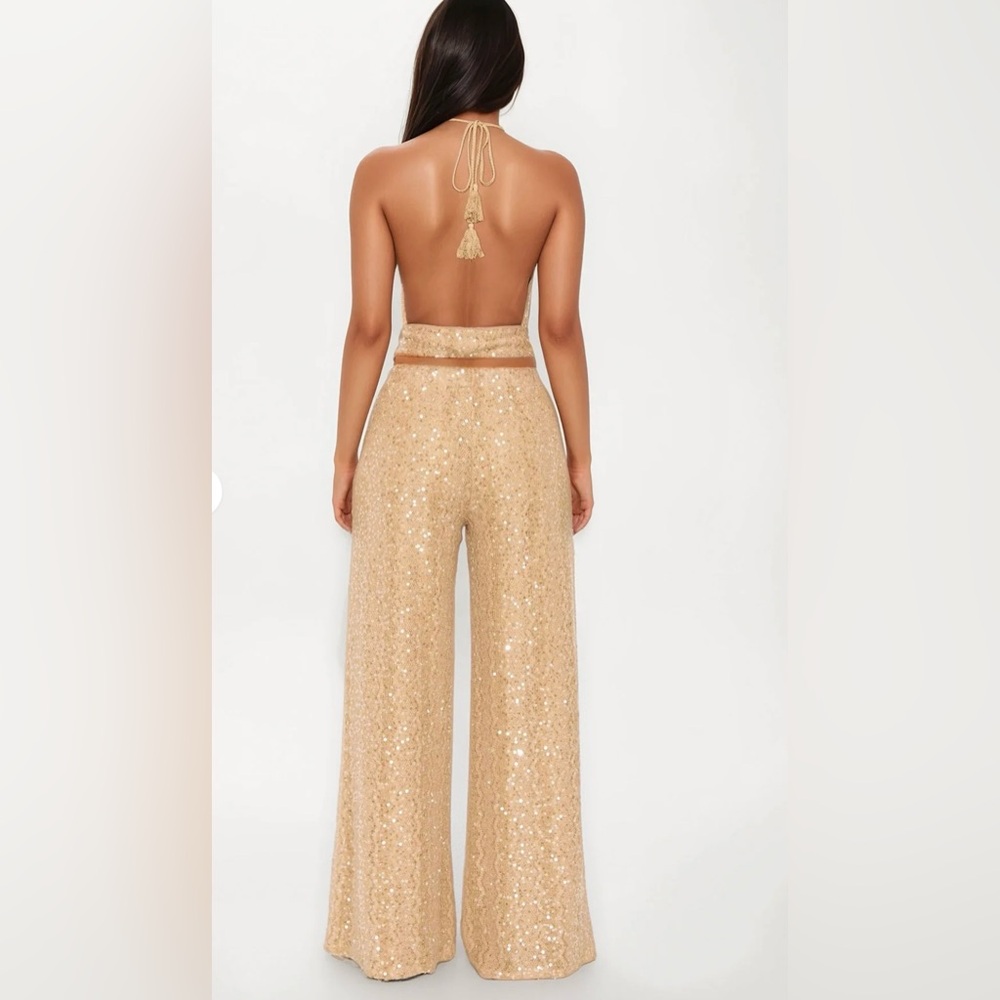 Pearl Tide Crochet halter Wide Leg Set- Tan - Picture 2 of 5